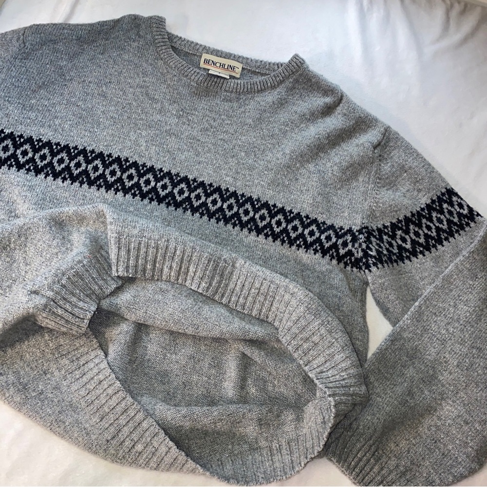 VTG Shetland Wool Sweater Argyle Mens Large Gray Crew Neck Geo Diamond Benchline